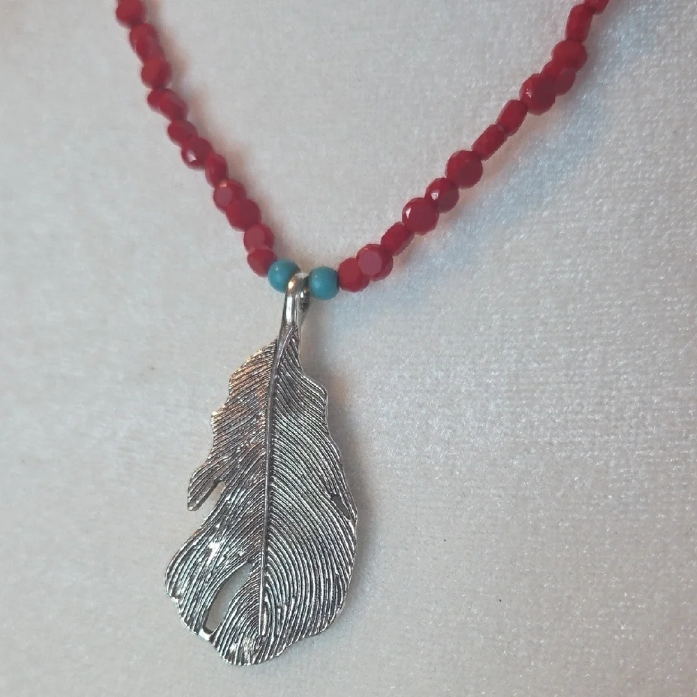 Plunder Silver Feather Necklace with Red Beads